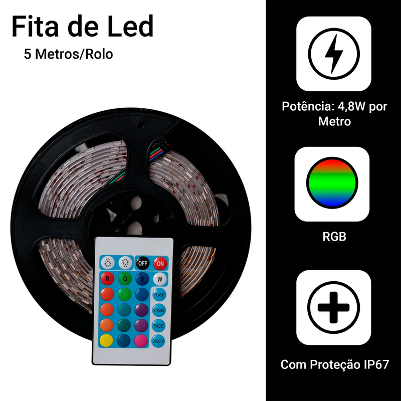 Fita Led Ultra Rgb 5050 5 Metros Completa + Fonte 3A 12v + Controle Rolo 5m 16 Cores